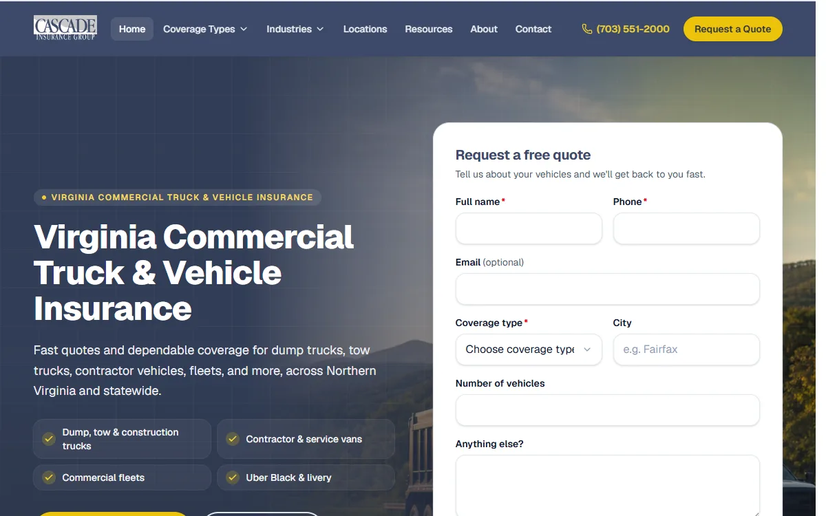 Cascade Truck Insurance commercial vehicle insurance website homepage