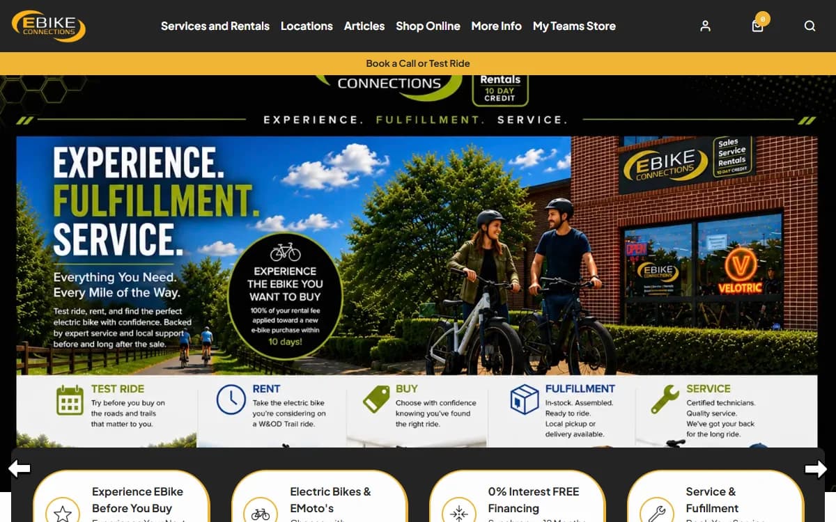 Ebike Connections eBike retail website homepage