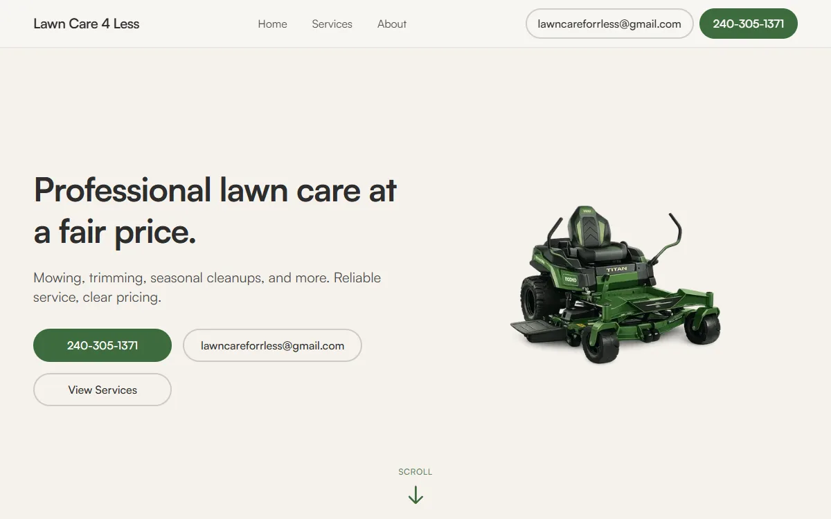 Lawn Care 4 Less lawn care company website homepage