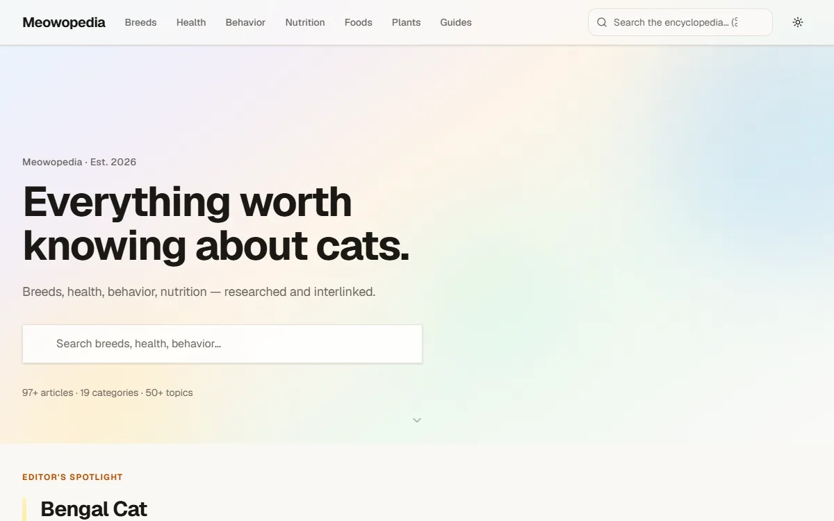 Meowopedia cat information website homepage