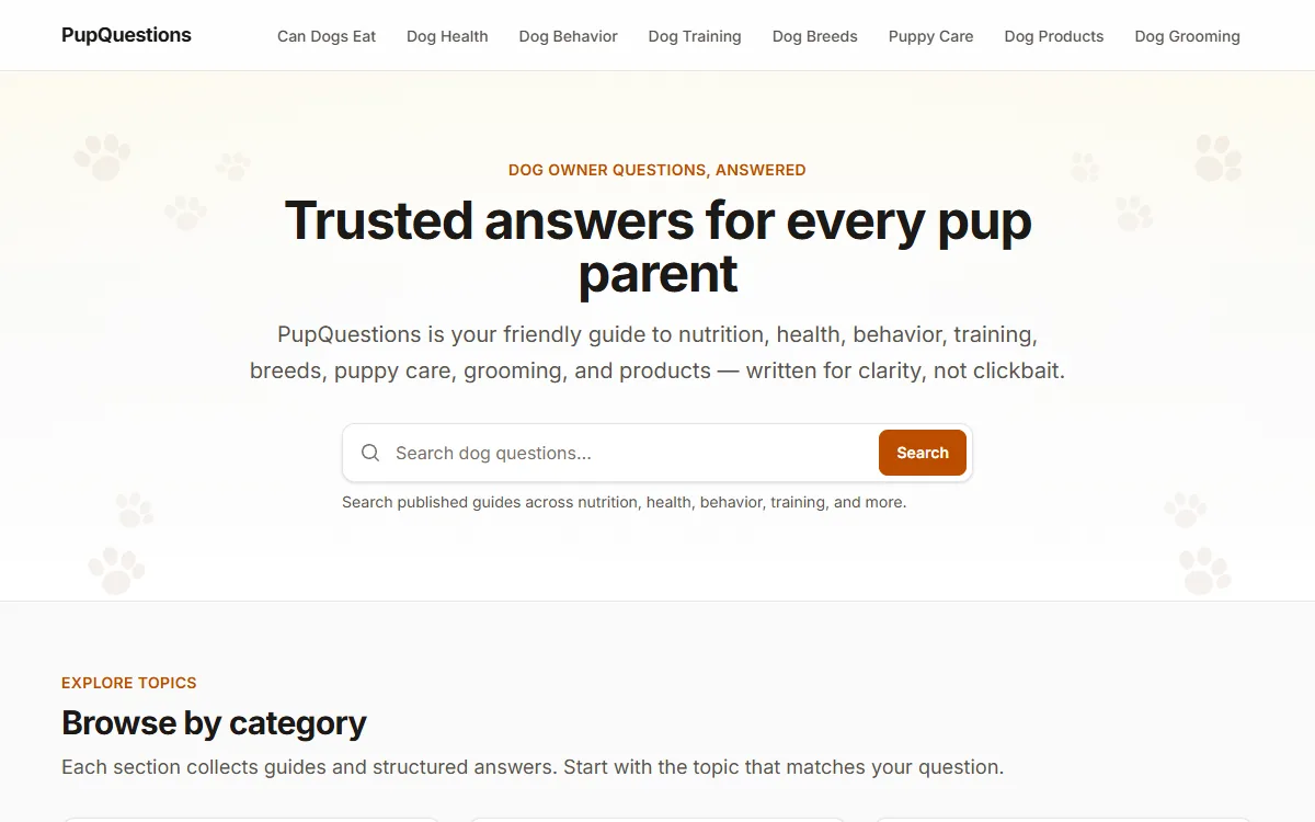 PupQuestions dog information website homepage