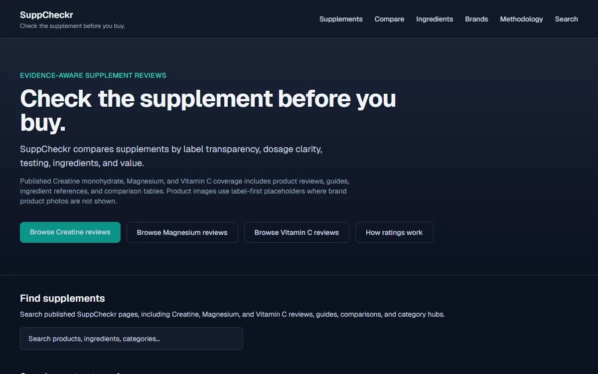 SuppCheckr supplement research website homepage