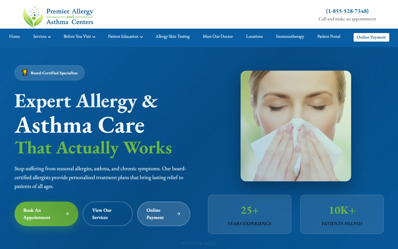 Allergy and Asthma Clinical Centers website homepage showing allergy and asthma care services for Maryland and Virginia patients