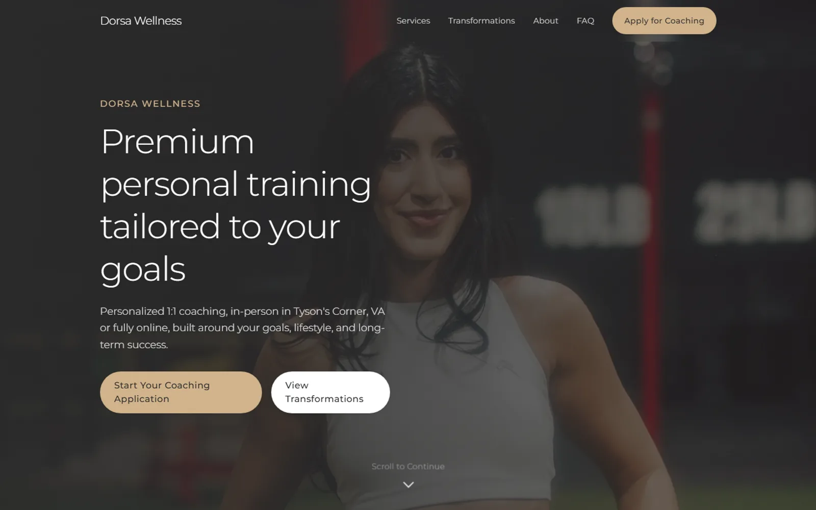 Dorsa Wellness website homepage showcasing in-person personal training in Tysons Corner and online coaching programs