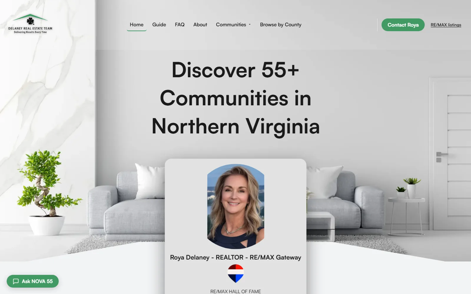 Nova55Homes website homepage featuring 55+ active adult communities and listings across Northern Virginia